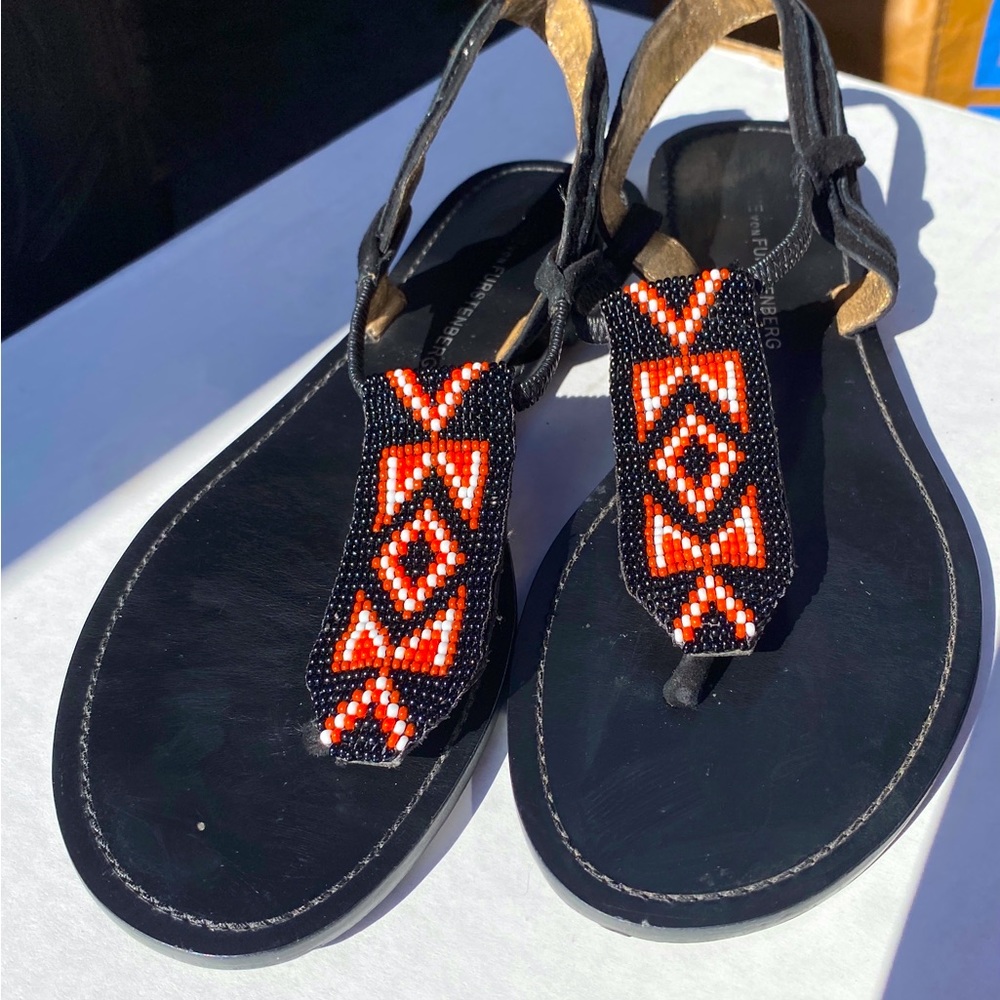 Diane VonFerstenberg Black Indian Beaded 🩴 Sandals Made in Brazil 6.5